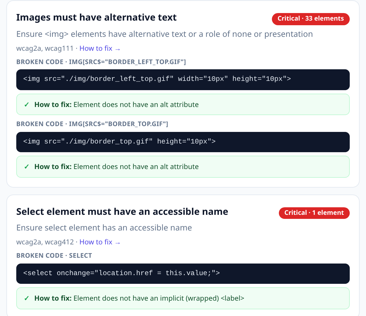 AllyRadar report showing failing HTML snippets — a missing alt attribute on an img and a select element with no accessible name — each paired with a plain-English fix.